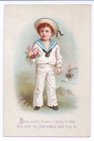 A Victorian Christmas card of a boy dressed as a sailor holding a bouquet of flowers, c.1880 (colour litho)