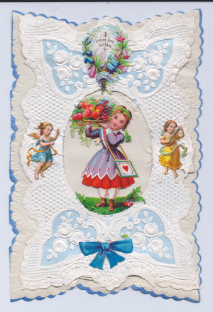 A Victorian decoupage embossed paper lace greeting card of a girl carrying a tray of fruit with angel paper scraps on either side of her, c.1880 (colour litho)