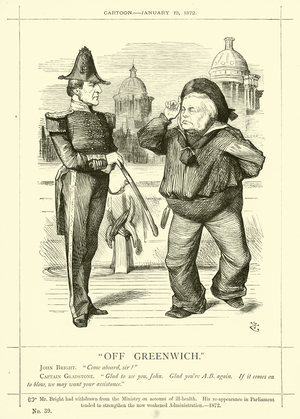 Punch cartoon regarding John Bright: "Off Greenwich," 13 January 1872 (engraving)
