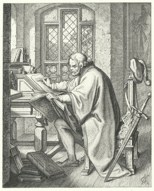 Martin Luther begins the translation of the Bible at Wartburg castle (engraving)