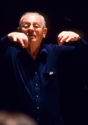 Manuel Rosenthal - portrait of the French conductor and composer conducting in Paris, France, September 1990. 18 June  1904 - 5 June 2003.