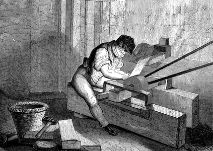Grinding needle points, Redditch, England. Grindstone driven by water or steam. Well paid, but lives of grinders short owing to inhalation of dust from grinding. Woodcut c1830.