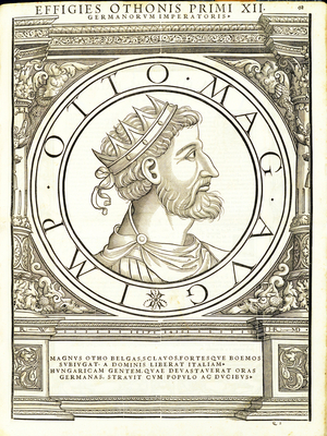 Otho I Magnus, illustration from 'Imperatorum romanorum omnium orientalium et occidentalium verissimae imagines ex antiquis numismatis', woodcut by Rudolph Wyssenbach, printed by Andreas Gesner, Zurich, 1559 (woodcut)