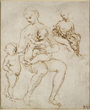 Recto: Two Studies for a Virgin and Child with St John (The Madonna del Cardellino), WA1846.159 (pen & brown ink over some blind stylus)