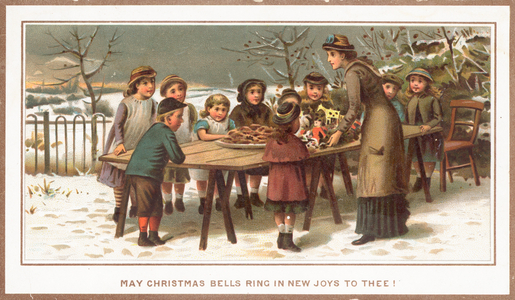 Food and Toys on a tressle table for children, Christmas Card (chromolitho)