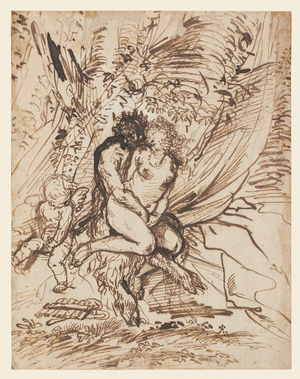 Pan embracing Venus watched by Cupid (pen & brown ink on paper)