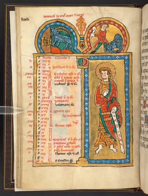 Add. 60629, f.6vDecember. 12 Calendar pages in gold and colours, with architectural frames each containing a sign of the Zodiac, an apostle and a labour of the month.Psalter.Illuminated Psalter with a Calendar, Canticles and Litanies for the use of nuns, ... 2nd half of the 13th century