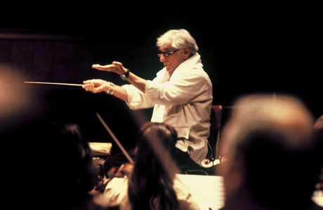 Composer and conductor Leonard Bernstein (USA) during a concert,..., 1984 (photo)