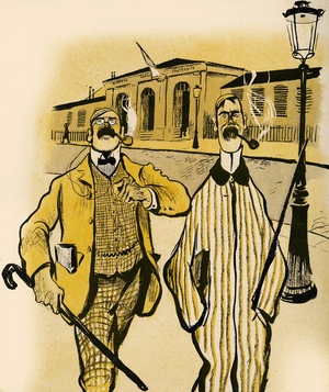 Two Englishmen walk past a Morgue, 1903 (litho)