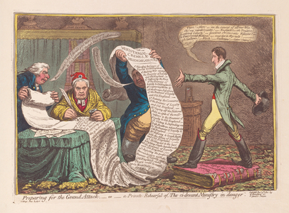 Preparing for the Grand Attack, or a Private Rehearsal of The ci-devant Ministry in Danger, pub. 1801 (hand coloured engraving)