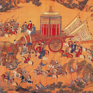 Emperor Xuande, 5th ruler of the Ming Dynasty (r. 1425-1435), drawn by elephants in the imperial coach