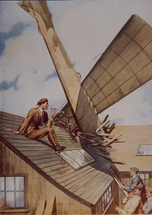 Hazards of early aviation: Hubert Latham, British pioneer of flight, relaxes after crash, early 20th century (colour litho)