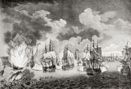 The destruction of the Turkish fleet by the Russians in the naval Battle of Chesme, from Hutchinson's History of the Nations, pub.1915