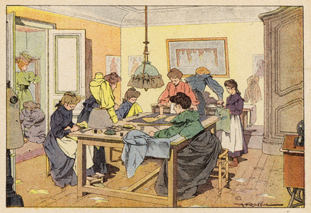 La Couturiere, The Couturier (colour litho)