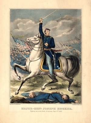 Major Gen'l Joseph Hooker, (Fighting Joe) at the Battle of Antietam, Sept 17th 1862 pub. 1862 (colour litho)