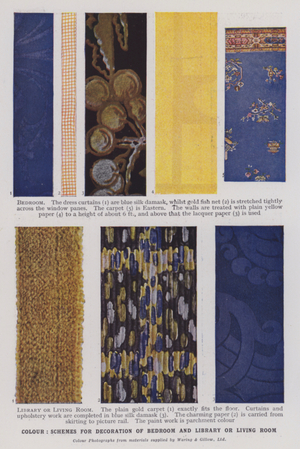 Colour, schemes for decoration of bedroom and library or living room (colour photo)