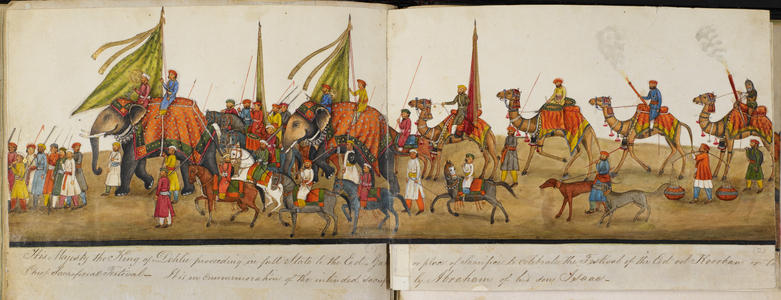 Processional panorama, illustration from 'Reminiscences of Imperial Delhi'. The Delhi Book, by Sir Thomas Theophilus Metcalfe, 1842-44 (w/c & gold on paper)