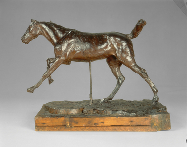 Horse Galloping on the Right Foot, 1880s (pigmented beeswax, plastiline, metal armature, cork, organic material, on wooden base)