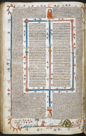 A bas-de-page scene of a woman with a dog near a rabbit warren