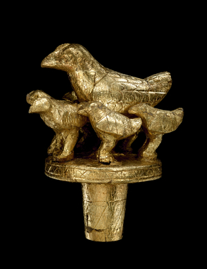 Linguist Staff Finial Representing a Hen with Six Chicks, c. 1900 (wood and gold leaf)