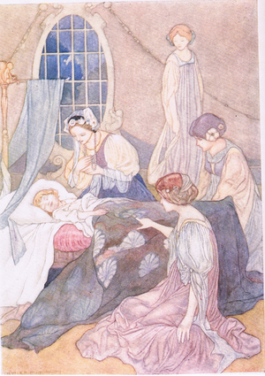 She went to her room, where slept her son George, guarded by waiting women (colour litho)