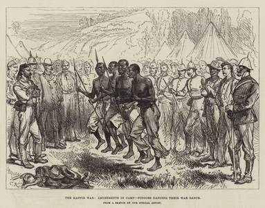 The Kaffir War, Amusements in Camp, Fingoes dancing their War Dance (engraving)