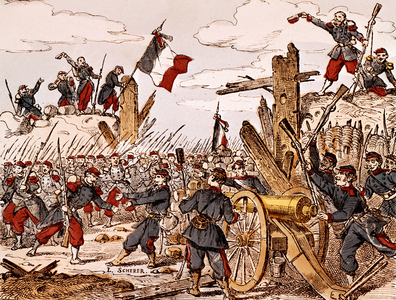 The Paris Commune, may 22, 1871 : regular army going in Paris by the porte de Sevres, engraving by Barrousse after Leonce Scherer