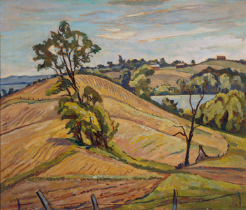 Untitled (landscape with tree and distant farmhouse),  (oil on board)