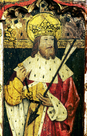 St Edmund, detail of the rood screen, St Catherine's Church, Ludham, Norfolk, UK (tempera on wood)
