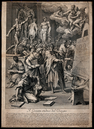 An academy in which men discuss the branches of study required in the education of artists: the antique, anatomy, perspective and geometry, 1728 (engraving)