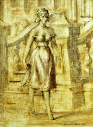 Lady Strolling: A double-painting, 1951 (pencil and oil wash on panel)