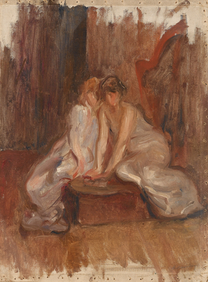Two women sitted by a harp - c.1900 (oil on canvas) 