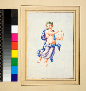Male figure hovering (black chalk, some with pen and brown ink. coloured with w/c)
