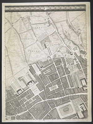 Plan of London, High Holborn, Lambs conduit fields, A plan of the cities of London and Westminster, and borough of Southwark; : with the contiguous buildings; From an actual survey, / taken by JOHN ROCQUE, Land-Surveyor, and Engraved by John Pine, John Rocque, 1762,