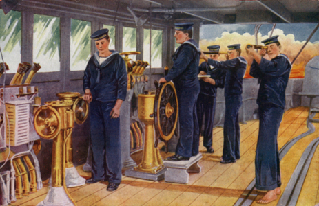 Royal Naval Barracks, Chatham: With the Fleet, Watching the Flagship's Movements from the Fore Bridge (colour litho)