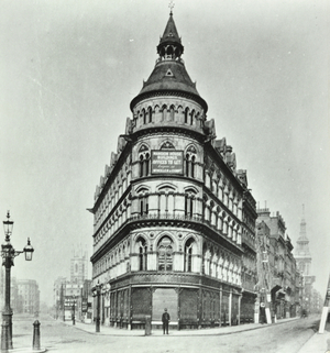 Queen Victoria Street, Mansion House Street corner of Poultry and Queen Victoria Street, London, 1880 (b/w photo)