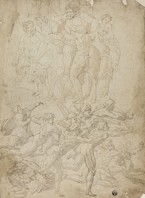 Archers Shooting at a Herm, Triumph of Bacchus, and Other Studies (pen & brown ink, & brush & grey and brown wash, on tan laid paper, laid down on cream laid card)