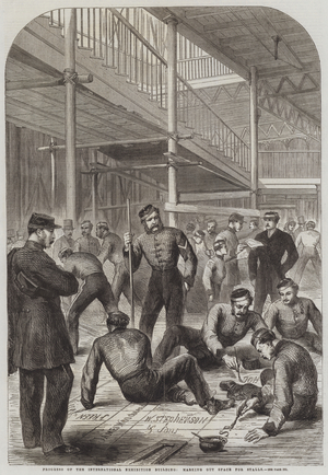 Progress of the International Exhibition Building, marking out Space for Stalls (engraving)