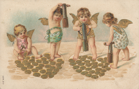 Valentine card, putti stamping hearts (chromolitho)