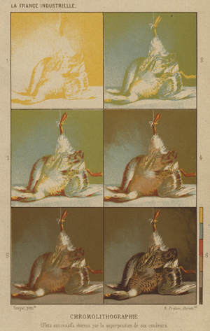 Chromolithographie, Effets successifs obtenus par la superposition de six couleurs (colour litho)