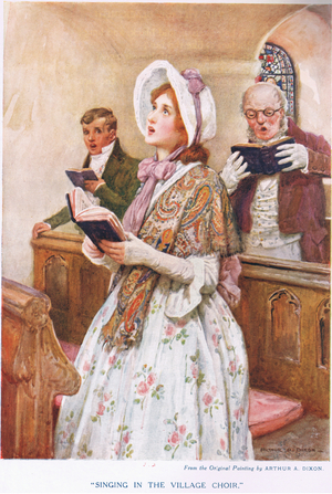 Singing in the village choir (colour litho)