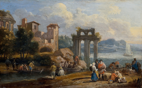 Figures in a landscape resting near a ruin, 17th-18th century (oil on copper)