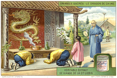 Buddhists worshipping a dragon, China (chromolitho)