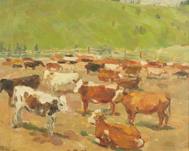 Calves in the Pen, Altai, near Mongolia, 1938 (oil on canvas)
