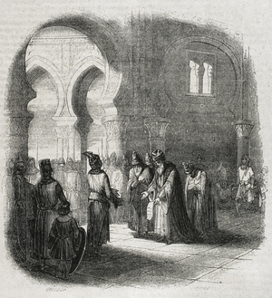 Presentation of the embassy of the King of Persia to the Castilian nobleman Rodrigo Diaz de Vivar, known as El Cid Campeador (c.1043-1099), 19th century (engraving)