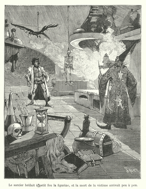 Sorcerer killing a person by burning a small figurine of them (engraving)