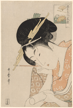 Hanaogi of the Ogiya, from the series "Renowned Beauties Likened to the Six Immortal Poets (Komei bijin rokkasen)", 1790-1801 (colour woodblock print; oban)