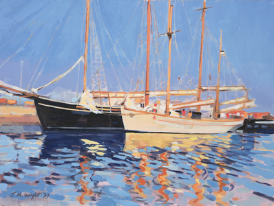 Moored Sailing Ships, Skagen, Denmark, 1999 (oil on board)