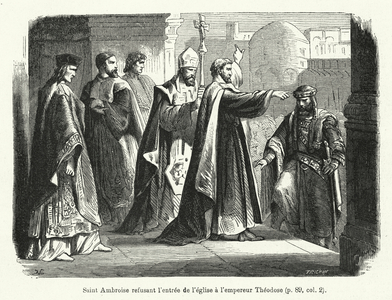 Saint Ambroise refusant l'entree de l'eglise a l'empereur Theodose (engraving)