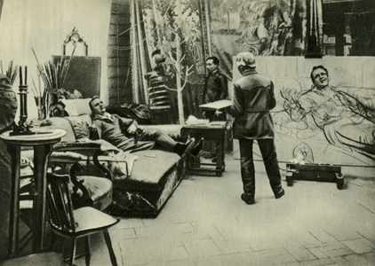 Ilya Repin painting a portrait of Russian opera singer Feodor Chaliapin, February 1914 (b/w photo)